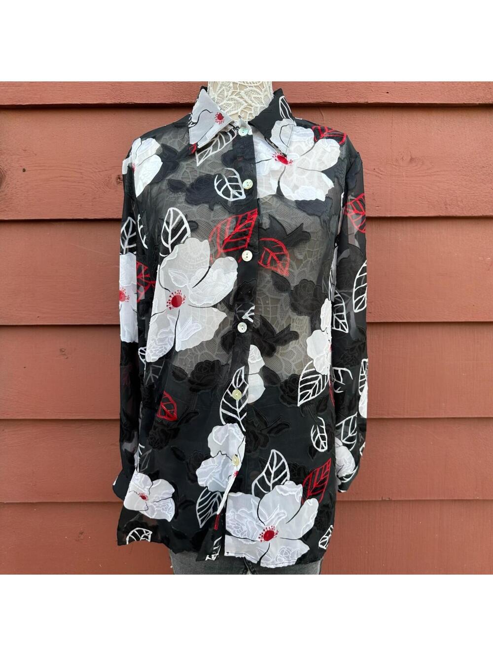 Marilyn B Sheer Black Floral‎ Blouse with Red Leaf Accents Dark Coquette